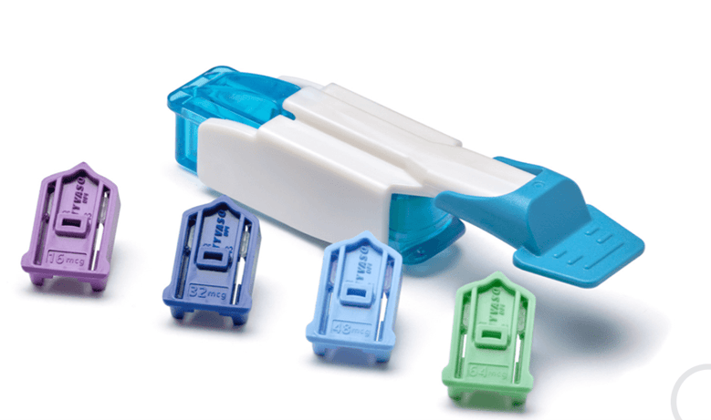 Tyvaso DPI inhaler with color-coded cartridges